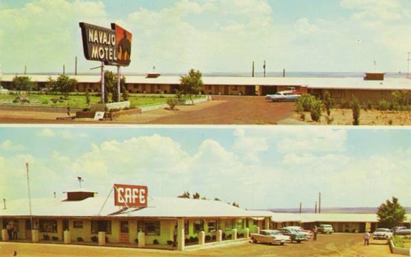 Postcard 1960s with two views of a long low motel, gable roof and cars. Neon sign