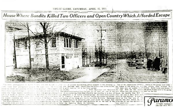 1933 newspaper article with a photo of the hideout garage