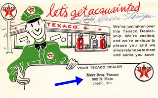 opening postcard c.1950 with drawing of gas station and Texaco logos