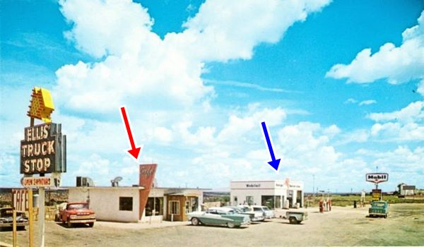 vintage color postcard showing the truck stop and a Mobil gas station
